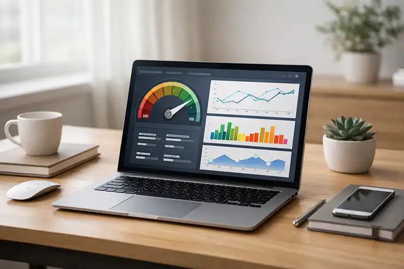 Laptop med data-visualiseringer og planter